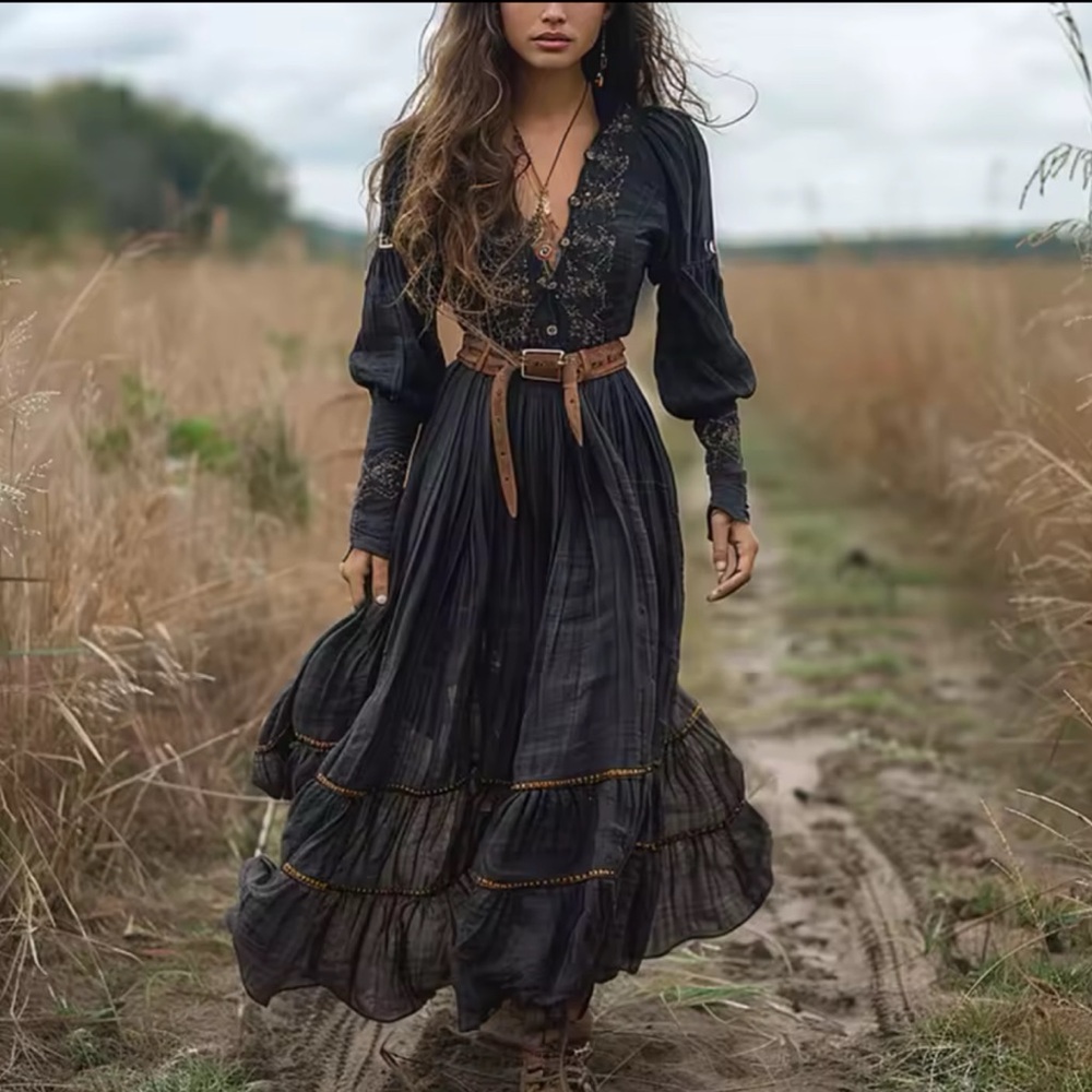 1 LEFT! 🎉❤️ Boho x Renaissance Long Black Embroidered Dress - Picture 9 of 9